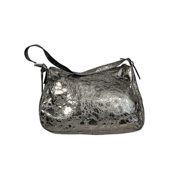 Michael Kors Silver Metallic Textured Patent Leather Logo Charm Shoulder Bag - Picture 1 of 15